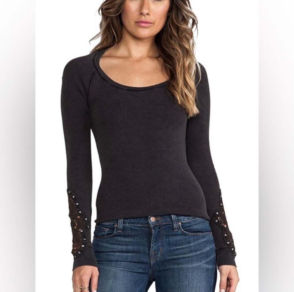 Free People Synergy Crochet Cuff Thermal Long Sleeve Top Black Size M